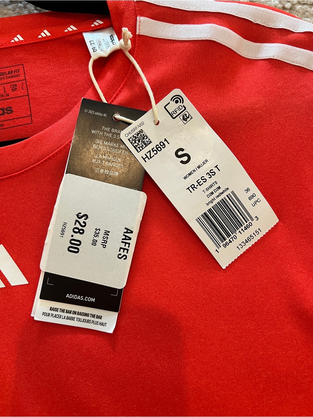 Adidas Red Short-Sleeve Athletic Woman’s Tee w/ Classic White 3-Stripes- S - Picture 4 of 9